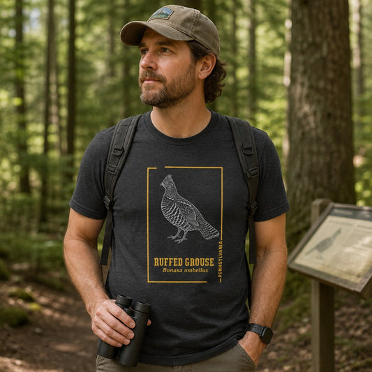 Man wearing dark grey heather Bella Canvas 3001 t-shirt with a vintage hand-drawn ruffed grouse engraving framed in gold, hiking in a lush green forest, perfect for wildlife lovers and cottagecore enthusiasts, by Crossroads Dandelion