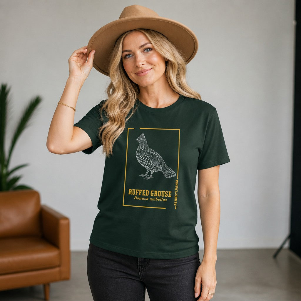 Woman in forest green Bella Canvas 3001 t-shirt featuring a vintage-style hand-drawn engraving of a ruffed grouse with gold accents, classic cottagecore and nature-inspired line art for wildlife lovers, studio setting, by Crossroads Dandelion