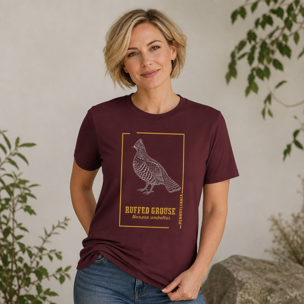 Woman wearing a maroon Bella Canvas 3001 t-shirt featuring a vintage hand-drawn line art engraving of a ruffed grouse with golden frame accents, classic nature illustration for wildlife and cottagecore enthusiasts, casual indoor setting, by Crossroads Dandelion