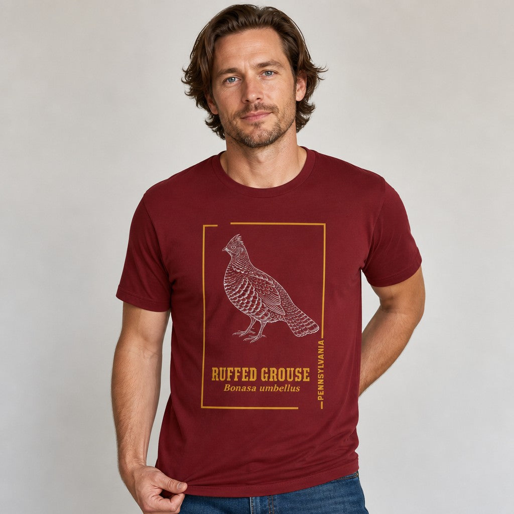 Man wearing cardinal red Bella Canvas 3001 t-shirt featuring a vintage-style hand-drawn ruffed grouse illustration with golden frame accents, perfect for wildlife lovers and cottagecore enthusiasts, by Crossroads Dandelion