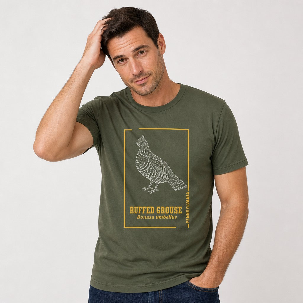 Man wearing military green Bella Canvas 3001 t-shirt featuring a vintage hand-drawn black and white ruffed grouse within a golden frame, classic nature line art for wildlife and cottagecore enthusiasts, by Crossroads Dandelion