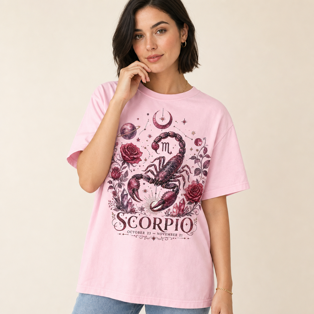 Woman wearing a Comfort Colors 1717 t-shirt in blossom pink, featuring a vintage mystical Scorpio zodiac design with a detailed maroon scorpion, deep red roses, shimmering crystals, celestial planets, stars, and a crescent moon, styled for astrology enthusiasts and gothic fashion lovers, by Crossroads Dandelion