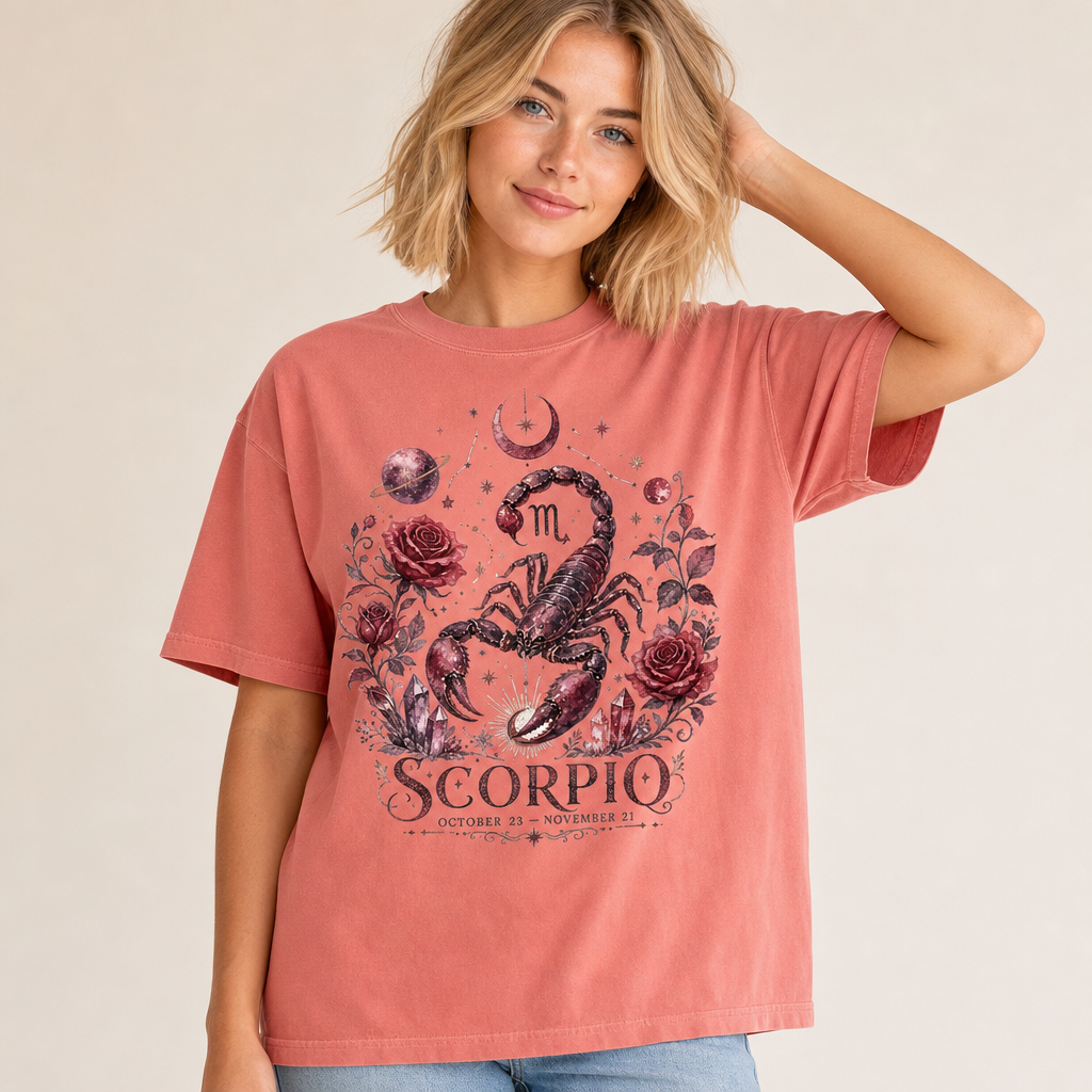 Woman wearing a Comfort Colors 1717 t-shirt in watermelon featuring a vintage mystical Scorpio zodiac design with a detailed maroon scorpion, red roses, celestial crystals, planets, stars, and a crescent moon, perfect for astrology and gothic fashion fans, by Crossroads Dandelion