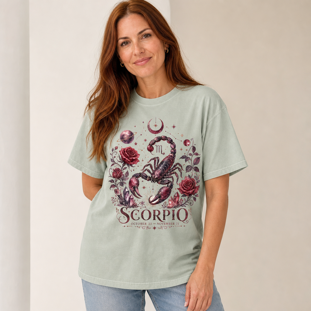 Woman in bay Comfort Colors 1717 t-shirt featuring a vintage mystical Scorpio zodiac design with a maroon scorpion, deep red roses, celestial planets, shimmering crystals, and a crescent moon, perfect for astrology and gothic fashion enthusiasts, by Crossroads Dandelion