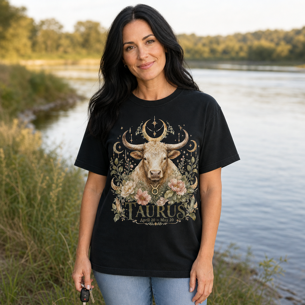Woman wearing a black Comfort Colors 1717 t-shirt with a vintage-style Taurus zodiac design featuring a noble bull head, golden crescent moons, stars, crystals, and soft pink and cream flowers on lush green leaves, standing by a riverside, ideal for astrology and nature lovers, by Crossroads Dandelion