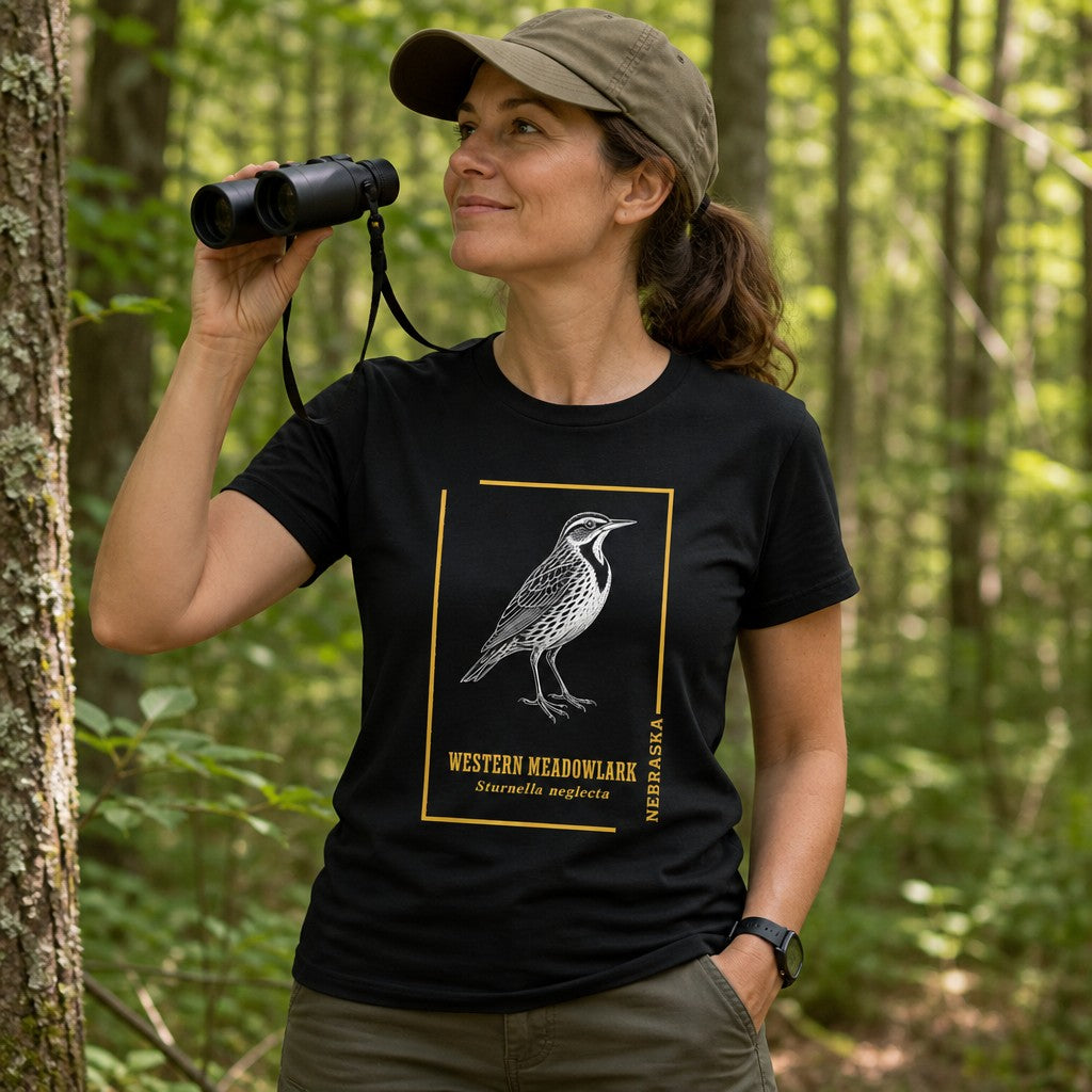 Woman in black Bella Canvas 3001 t-shirt featuring a vintage-inspired white and gold hand-drawn Western Meadowlark bird illustration with classic botanical typography, standing in a sun-dappled forest while birdwatching, perfect for birders, nature lovers, and artistic women, by Crossroads Dandelion