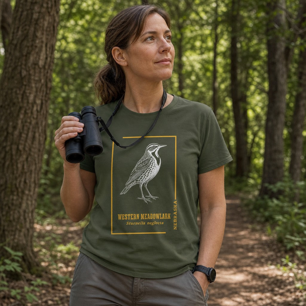 Woman wearing a military green Bella Canvas 3001 t-shirt with a vintage-style hand-drawn white Western Meadowlark and golden accent lines, field guide inspired design, ideal for birders and nature lovers, hiking in a forest, by Crossroads Dandelion