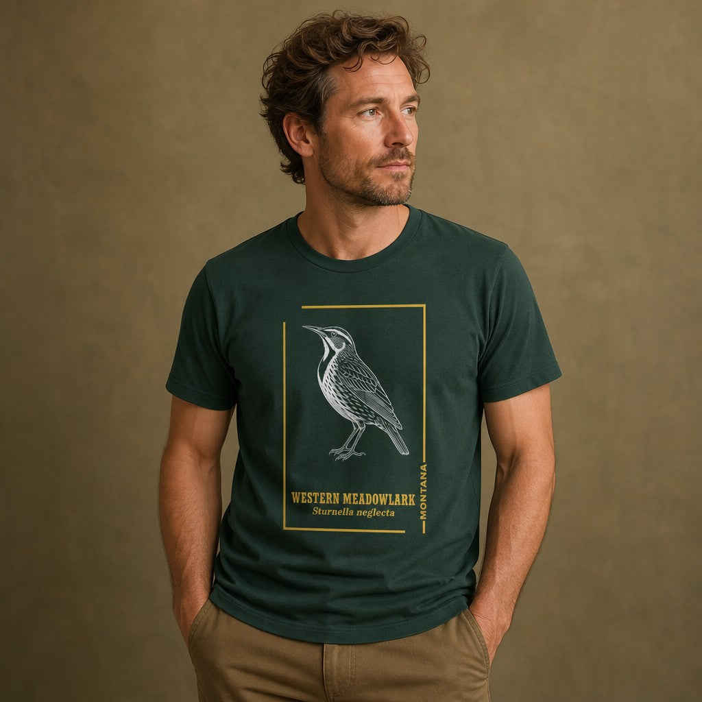 Man wearing a forest green Bella Canvas 3001 t-shirt with a vintage hand-drawn white etching of a Western Meadowlark, accented with gold framing and elegant typography, field guide inspired design for bird lovers and heritage nature art enthusiasts, by Crossroads Dandelion