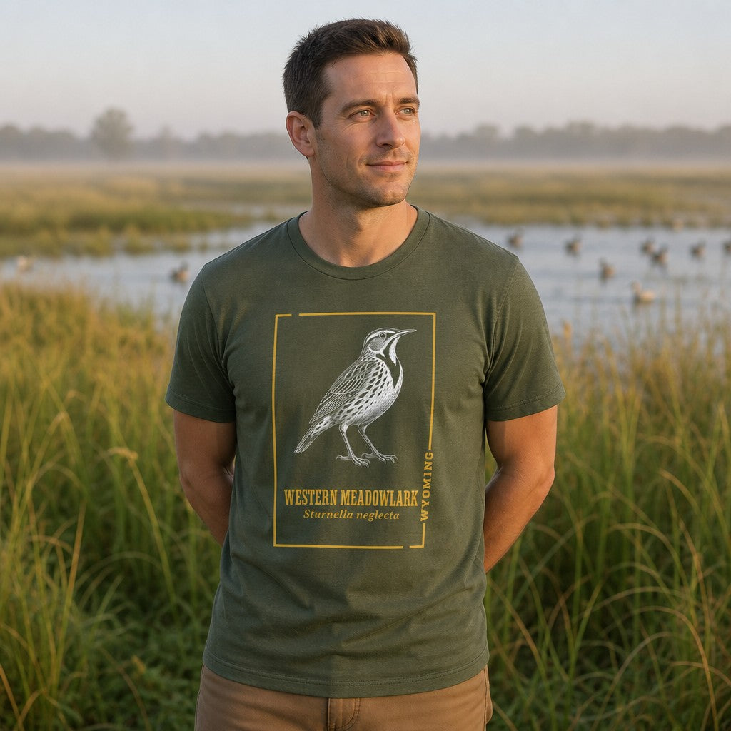 Man wearing a military green Bella Canvas 3001 t-shirt with a vintage hand-inked illustration of a Western Meadowlark framed in a golden border, styled like a classic field guide, perfect for birdwatchers, Wyoming nature lovers, and outdoor enthusiasts, by Crossroads Dandelion