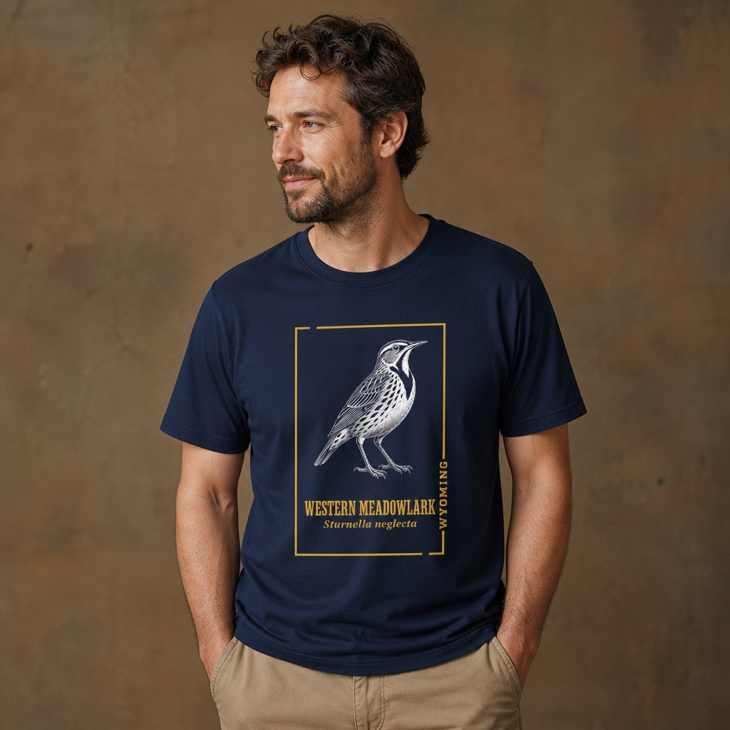 Man wearing a navy Bella Canvas 3001 t-shirt with a vintage hand-inked illustration of the Western Meadowlark inside a golden border, field guide and botanical nature journal style, ideal for birdwatchers and Wyoming fans, by Crossroads Dandelion