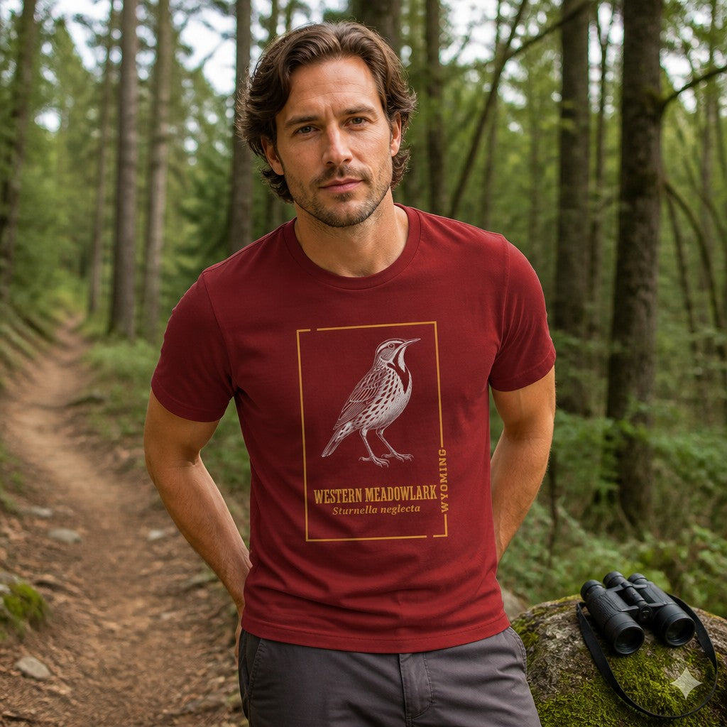 Man wearing a cardinal red Bella Canvas 3001 t-shirt with a vintage hand-inked illustration of a Western Meadowlark inside a golden border, evoking nature journal and field guide style, among pine trees, perfect for birdwatchers, hikers, and Wyoming lovers, by Crossroads Dandelion