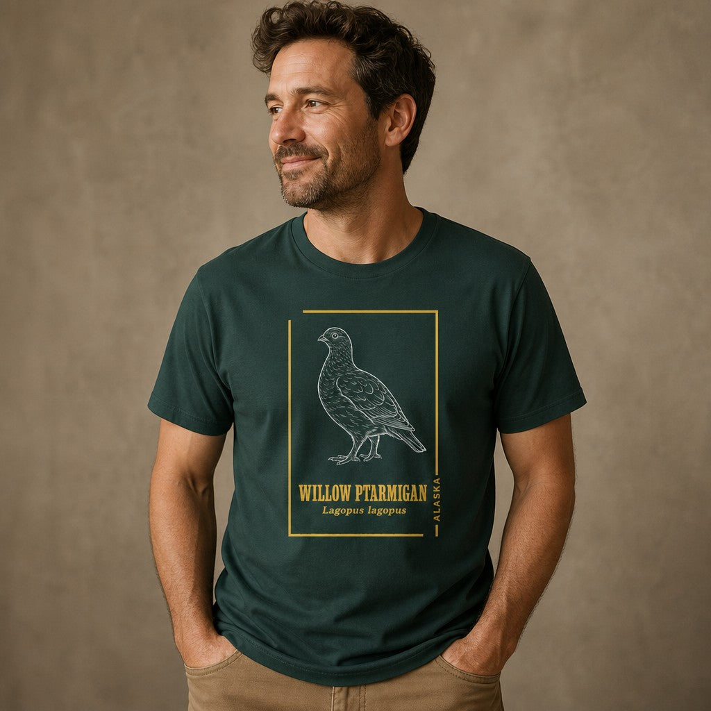Man wearing a forest green Bella Canvas 3001 t-shirt featuring a vintage-style hand-drawn willow ptarmigan and golden botanical frame, designed for birdwatchers, wildlife lovers, and cottagecore enthusiasts, by Crossroads Dandelion