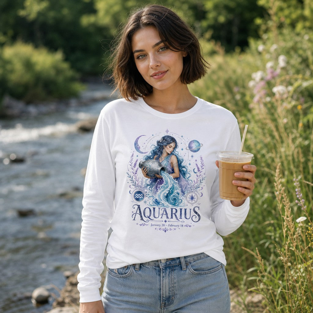 Woman wearing a white Bella Canvas 3501 long sleeve shirt with a watercolor Aquarius goddess illustration, featuring blue hair, celestial motifs, vintage garden and floral elements, standing by a river, mystical zodiac apparel for women, by Crossroads Dandelion