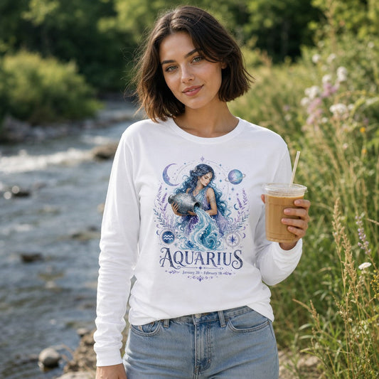 Woman wearing a white Bella Canvas 3501 long sleeve shirt with a watercolor Aquarius goddess illustration, featuring blue hair, celestial motifs, vintage garden and floral elements, standing by a river, mystical zodiac apparel for women, by Crossroads Dandelion