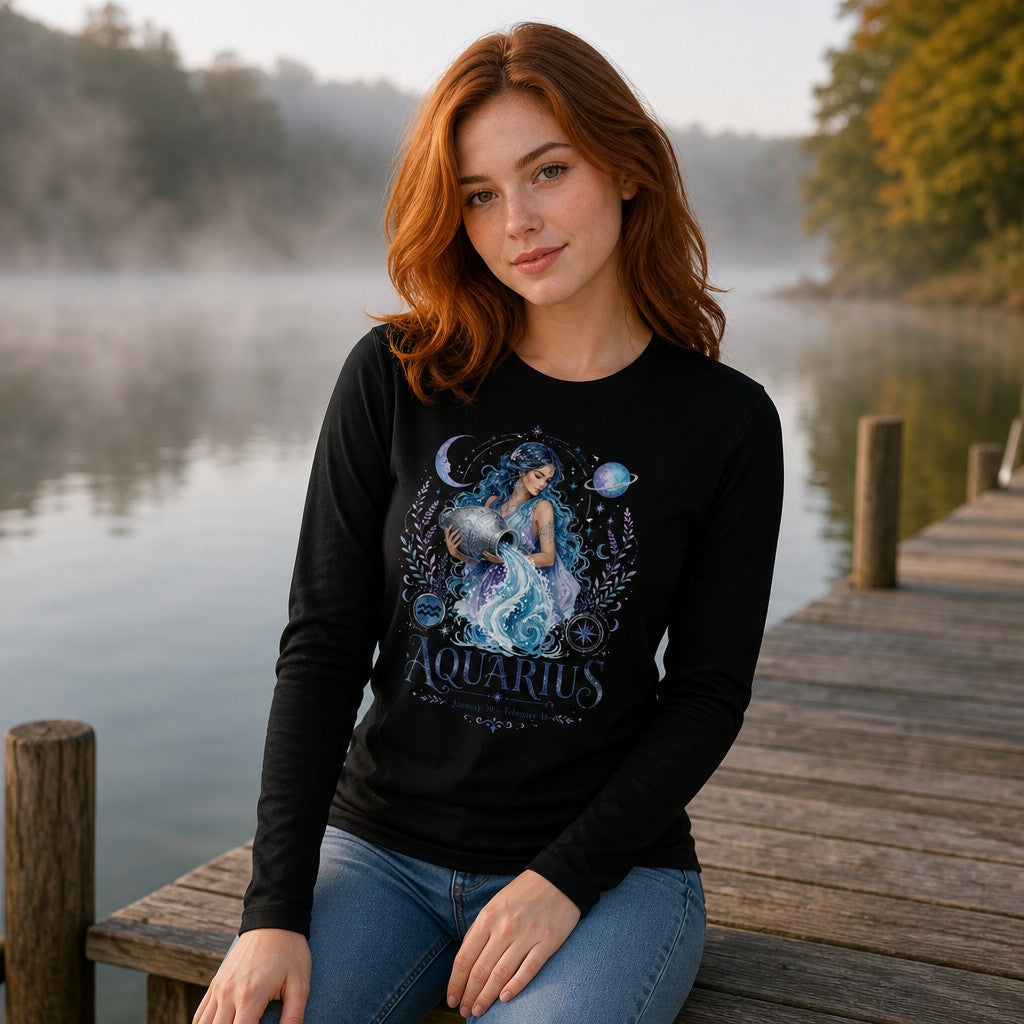 Woman wearing a black Bella Canvas 3501 long sleeve featuring a watercolor Aquarius water bearer goddess, surrounded by celestial planets, moons, and vintage-inspired botanical flourishes, serene lakeside morning, zodiac astrology lovers, by Crossroads Dandelion