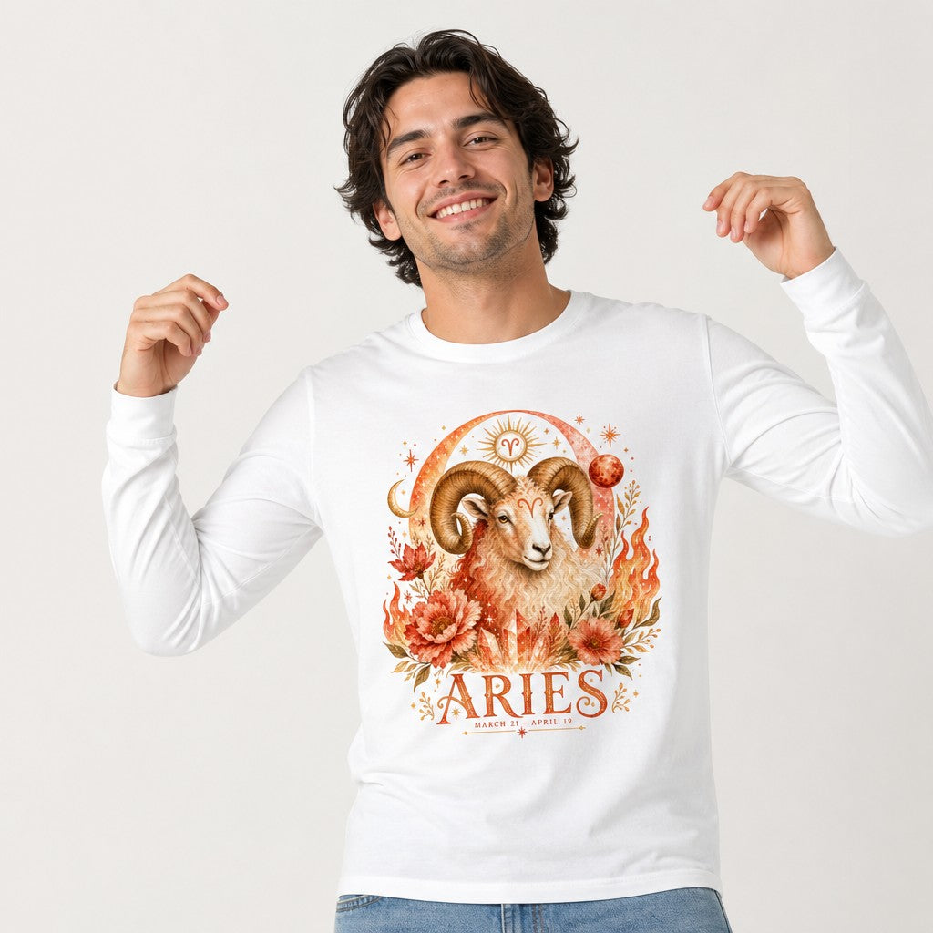 Smiling man wearing a white long sleeve Bella Canvas 3501 shirt with a watercolor Aries ram design, surrounded by fiery florals and vintage celestial sun and moon details, poetic zodiac motifs, vintage astrology lovers apparel, by Crossroads Dandelion