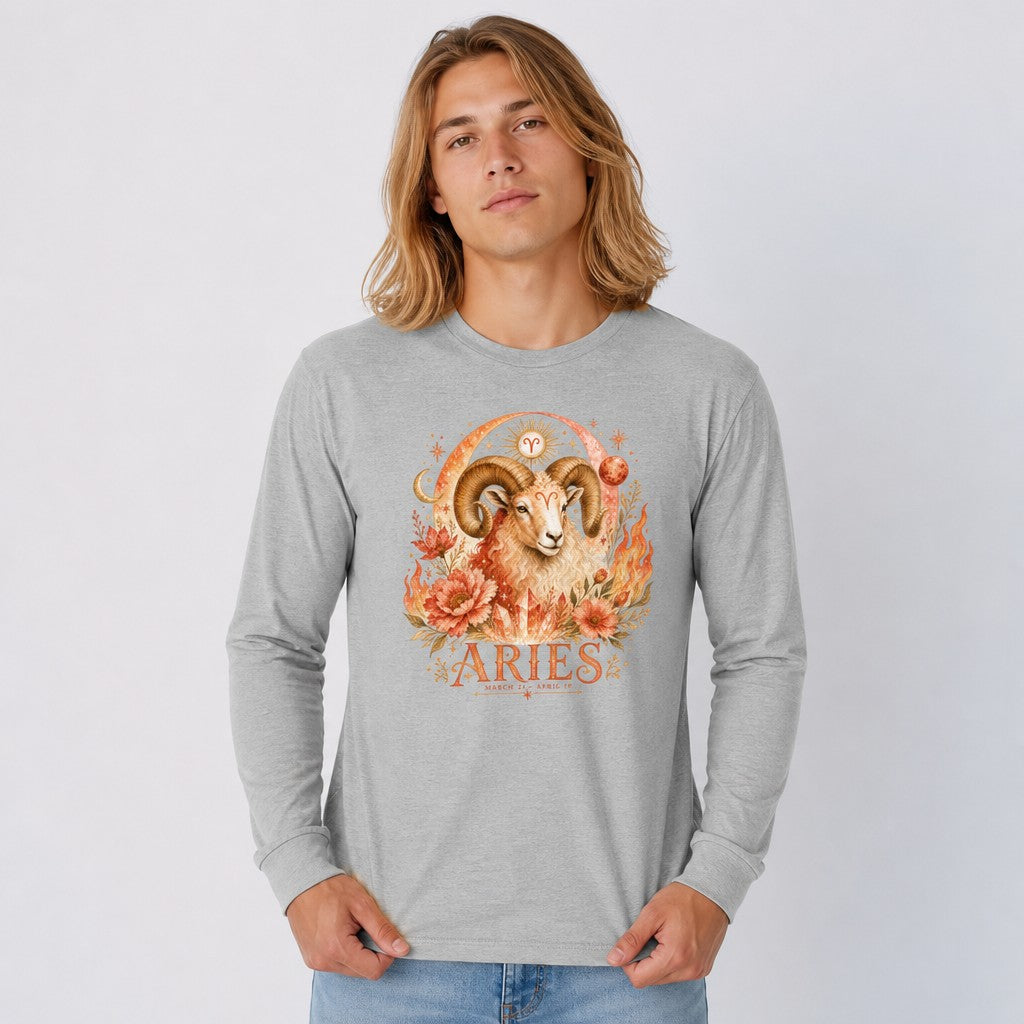 Man in athletic heather Bella Canvas 3501 long sleeve shirt featuring a watercolor Aries ram with curling horns, surrounded by fiery florals, sun and moon motifs, vintage celestial and handwritten zodiac details, poetic astrology lover design, by Crossroads Dandelion