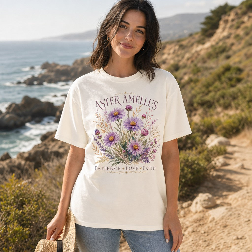 Woman wearing an ivory Comfort Colors 1717 t-shirt with a hand-painted watercolor bouquet of vibrant purple Aster Amellus flowers and delicate wild botanicals, whimsical botanical art style, standing on a cliffside overlooking the ocean, perfect for garden lovers, nature enthusiasts, and mindful women, by Crossroads Dandelion