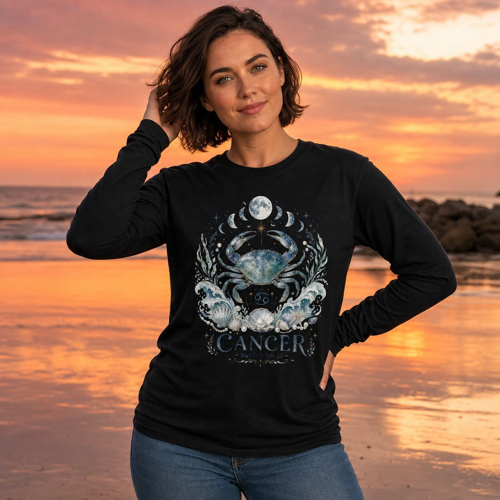 Woman at the beach during sunset wearing a black Bella Canvas 3501 long sleeve featuring a watercolor celestial Cancer zodiac design with a cosmic crab, ocean waves, seashells, pearls, moon phases, and botanical accents, dreamy astrology apparel for women and nature lovers, by Crossroads Dandelion