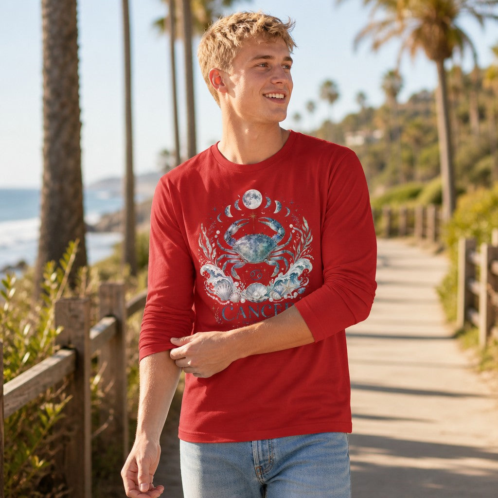 Man in red Bella Canvas 3501 long sleeve featuring a watercolor celestial crab with ocean waves, seashells, pearls, moon phases, and Cancer zodiac artwork, walking on a coastal boardwalk, astrology and nature lovers, by Crossroads Dandelion
