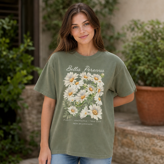 Woman wearing a moss green Comfort Colors t-shirt featuring a delicate watercolor bouquet of white daisies with elegant 'Bellis Perennis' script and modern serif text, cottagecore floral design for feminine nature and botanical lovers, relaxed garden setting, by Crossroads Dandelion