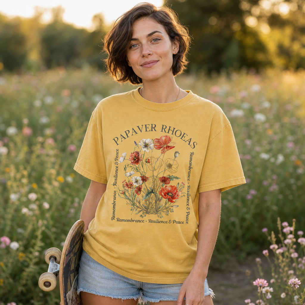 Woman in a mustard Comfort Colors 1717 t-shirt featuring a watercolor-style poppy floral design with gold line art and elegant serif Papaver Rhoeas text, standing in a wildflower meadow, cottagecore memorial apparel for women, by Crossroads Dandelion