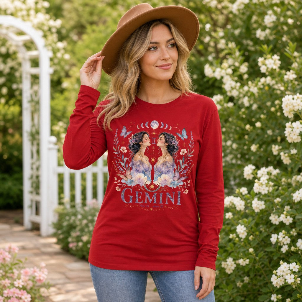 Woman in a red Bella Canvas 3501 long sleeve shirt featuring a romantic watercolor Gemini design with twin ethereal women, moon phases, butterflies, and blooming florals, surrounded by celestial symbols and soft clouds, set in a lush garden, astrology lovers, by Crossroads Dandelion