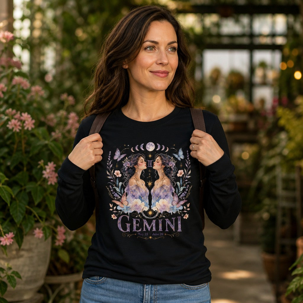 Woman in black Bella Canvas 3501 long sleeve featuring a romantic watercolor Gemini design with twin ethereal women, moon phases, butterflies, and blooming florals, dreamy zodiac celestial art, cottagecore floral setting, perfect for astrology lovers, by Crossroads Dandelion