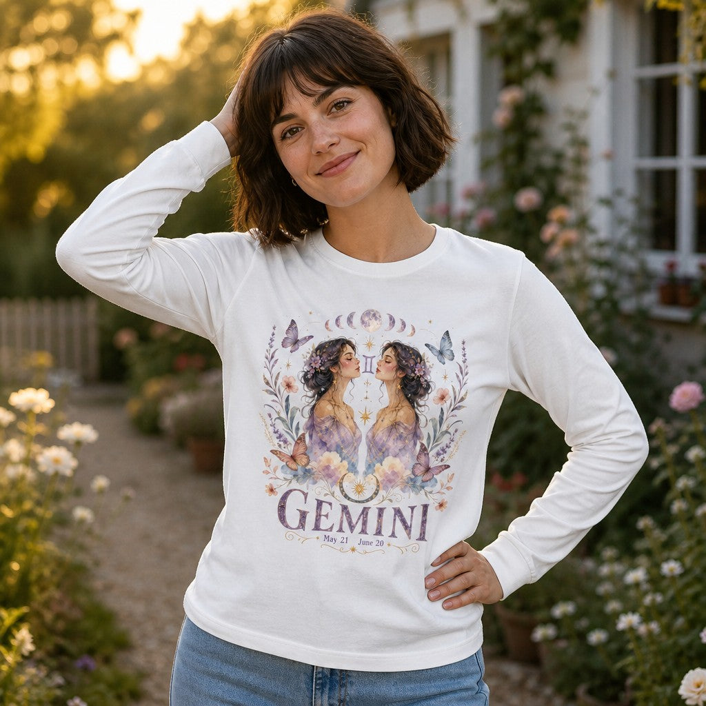 Woman in white long sleeve Bella Canvas shirt with a romantic watercolor Gemini design featuring twin ethereal women, moon phases, butterflies, and blooming florals in a dreamy cottagecore garden setting, zodiac lovers apparel, by Crossroads Dandelion