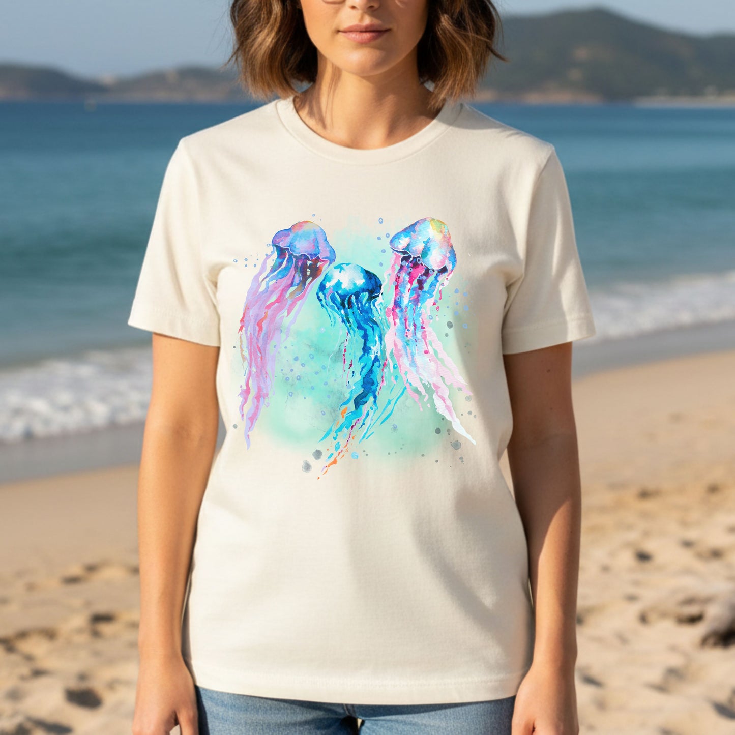 Woman wearing a natural t-shirt with jellyfish design on a beach