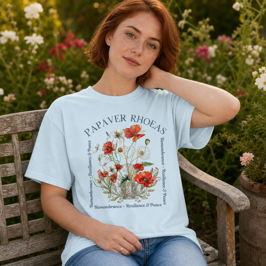 Woman wearing a Comfort Colors 1717 chambray t-shirt with a watercolor-style poppy floral design, gold line art accents, and 'PAPAVER RHOEAS' serif text, evoking remembrance and peace, garden setting, artistic cottagecore style for women, by Crossroads Dandelion