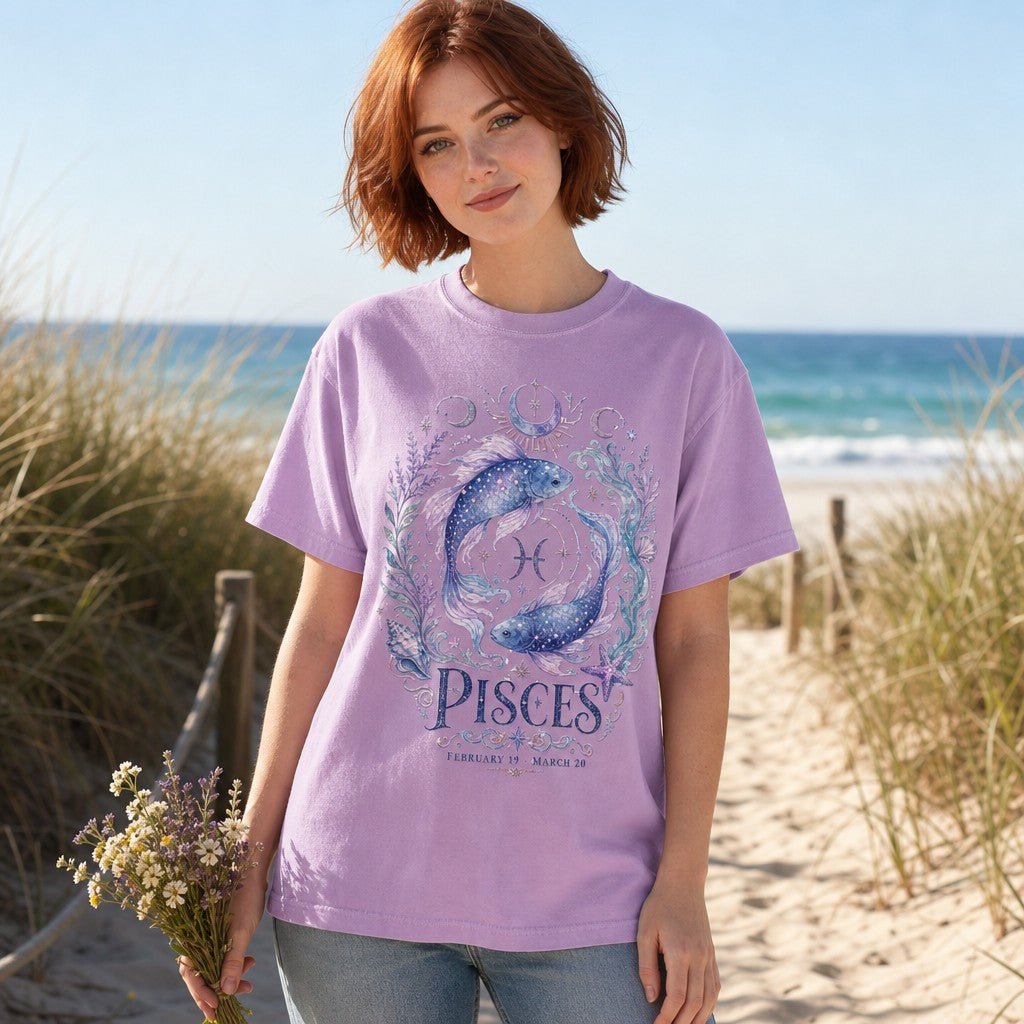 Woman in orchid Comfort Colors 1717 t-shirt featuring a mystical watercolor Pisces design with celestial koi fish, cosmic moons, and aquatic motifs in blue and lavender, standing on a sandy beach, perfect for astrology and cottagecore lovers, by Crossroads Dandelion