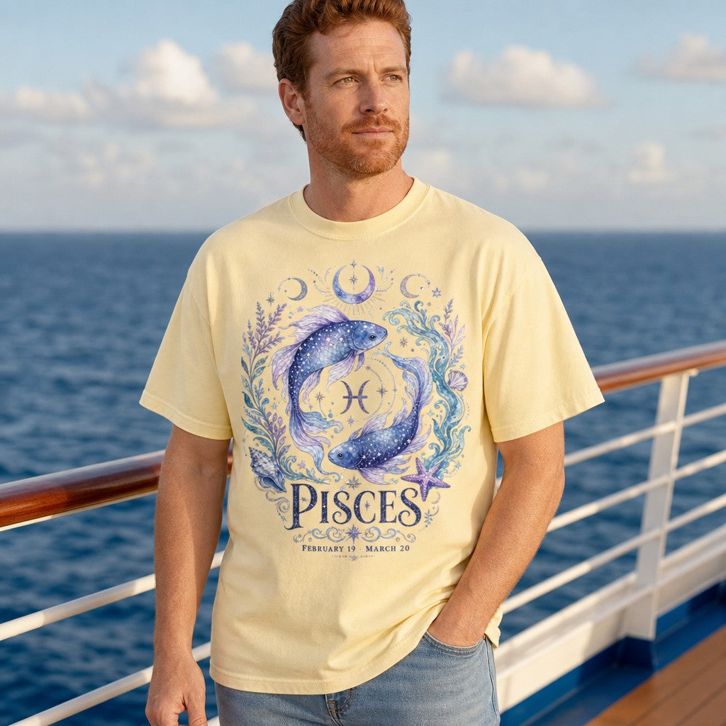 Man wearing a butter yellow Comfort Colors 1717 t-shirt with a delicate watercolor Pisces design featuring celestial koi fish, moons, and cosmic symbols, standing on a cruise ship deck, astrology lovers, coastal style, by Crossroads Dandelion
