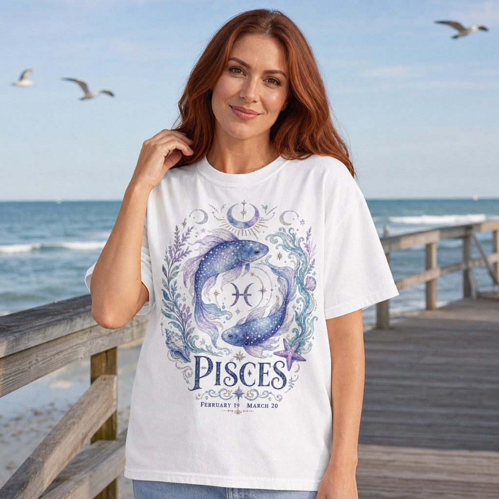 Woman wearing a white Comfort Colors t-shirt with a delicate watercolor Pisces design featuring celestial koi fish, moons, and the astrological symbol in blue and lavender, coastal boardwalk scene, astrology lovers, by Crossroads Dandelion