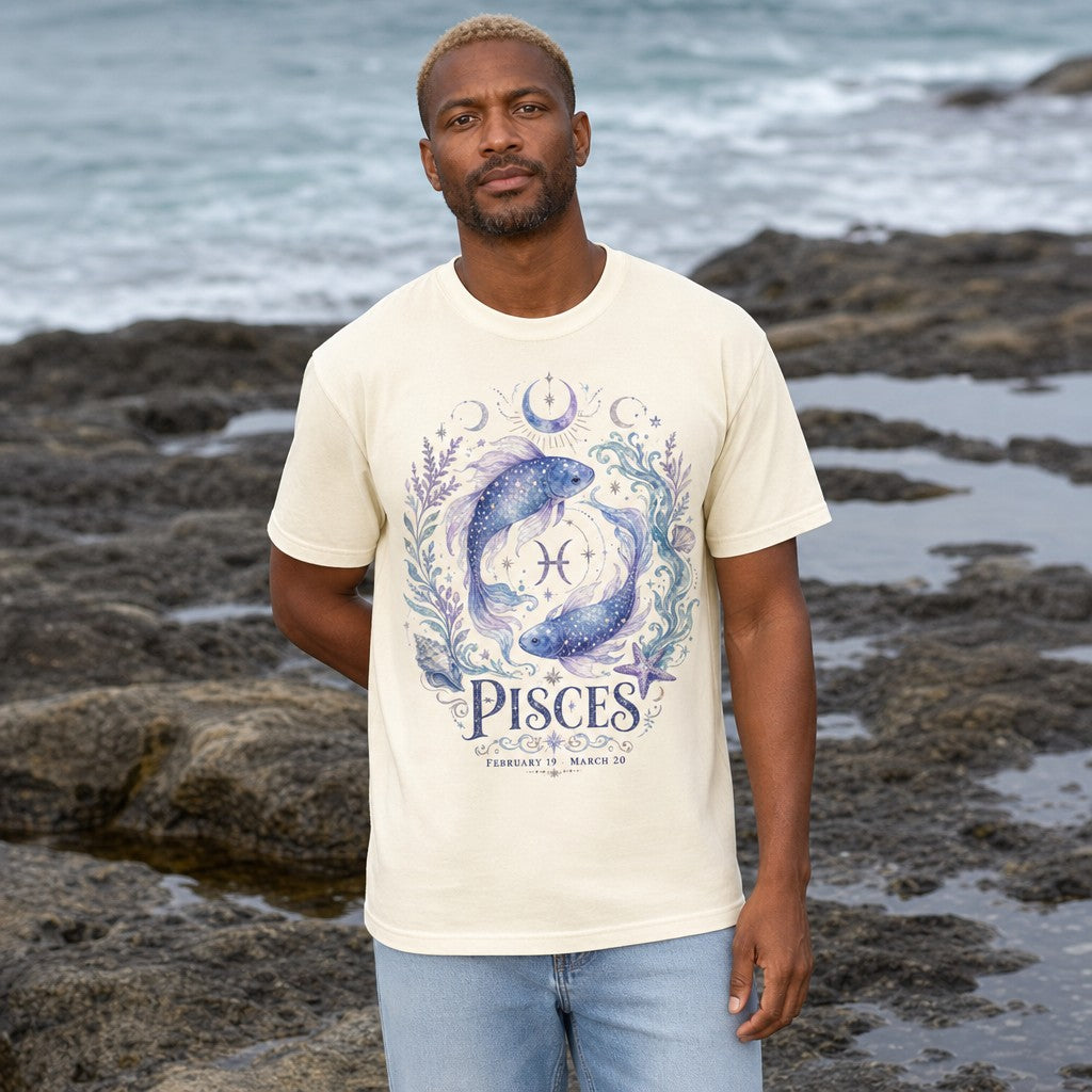 Man wearing an ivory Comfort Colors 1717 t-shirt with a watercolor Pisces zodiac design featuring two celestial koi fish, swirling aquatic and cosmic moon motifs in blue and lavender, standing by the rocky ocean, mystical astrology shirt for men, by Crossroads Dandelion