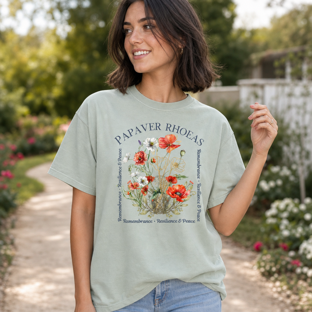 Woman wearing a Comfort Colors 1717 t-shirt in bay green featuring a delicate watercolor and gold line art poppy floral design with vibrant red, orange, and white flowers, elegant curved typography 'PAPAVER RHOEAS', and script reading 'Remembrance · Resilience & Peace', in a serene garden setting, cottagecore memorial style, remembrance and peace apparel for women, by Crossroads Dandelion
