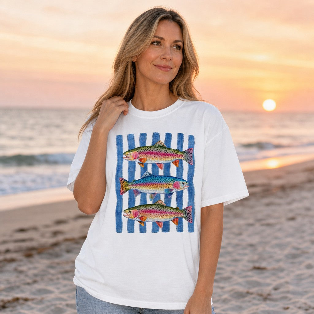 Woman wearing a white Comfort Colors 1717 t-shirt with three hand-painted rainbow trout over blue watercolor stripes, coastal fishing-inspired apparel, sunset beach scene, perfect for women who love nature, creekside days, and vibrant art, by Crossroads Dandelion