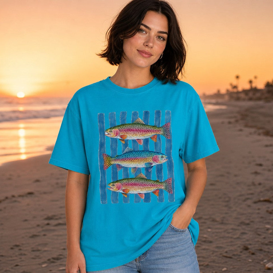 Woman wearing a sapphire Comfort Colors t-shirt with hand-painted watercolor rainbow trout and rippling blue stripes, coastal fishing-inspired design, sunset beach scene, nature and outdoor enthusiasts, by Crossroads Dandelion