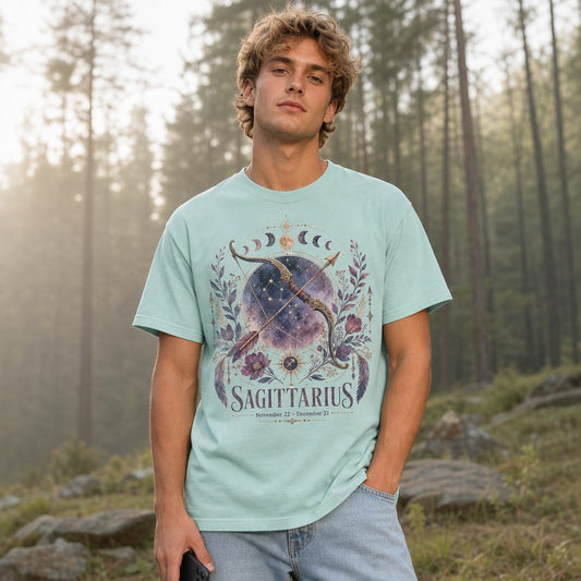 Man wearing a chalky mint Comfort Colors 1717 t-shirt featuring a dreamy watercolor Sagittarius design with an ornate golden bow and arrow, starry galaxy, lunar phases, and lush purple florals, set in a tranquil pine forest, perfect for astrology and nature lovers, by Crossroads Dandelion