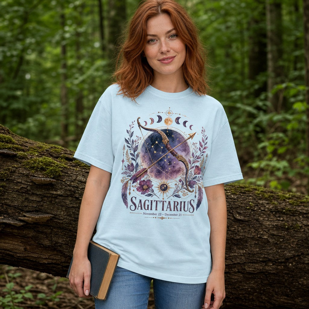 Woman in chambray Comfort Colors 1717 t-shirt featuring a dreamy watercolor Sagittarius design with a golden bow and arrow, galaxy background, lunar phases, and lush purple florals, styled for mystical astrology lovers, in a serene forest setting, by Crossroads Dandelion