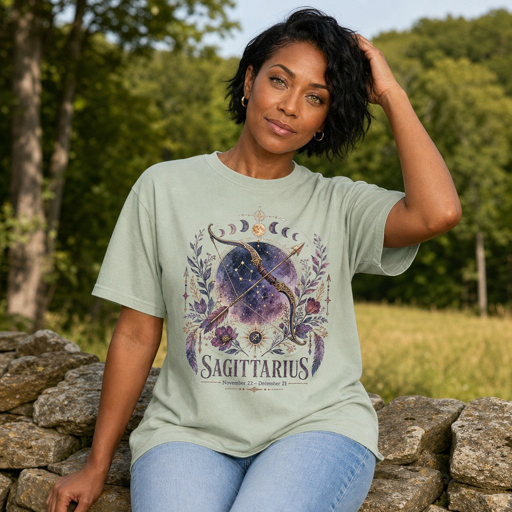 Woman in a Bay green Comfort Colors 1717 t-shirt featuring a dreamy watercolor Sagittarius design with a golden bow and arrow, galaxy stars, lunar phases, and lush purple florals, seated outdoors on a stone wall, perfect for mystical astrology lovers, by Crossroads Dandelion
