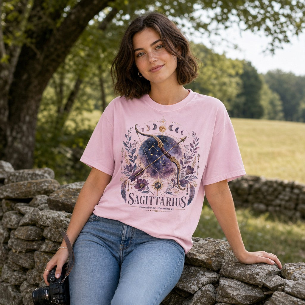 Woman in blossom pink Comfort Colors 1717 t-shirt showcasing a dreamy watercolor Sagittarius design with golden bow and arrow, starry galaxy background, lunar phases, and lush purple florals, perfect for astrology and mystical design lovers, outdoors on a stone wall, by Crossroads Dandelion