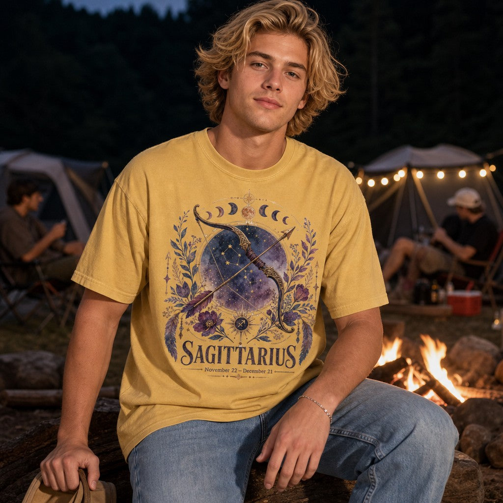 Man wearing a mustard Comfort Colors 1717 t-shirt with a dreamy watercolor Sagittarius design featuring a golden bow and arrow, starry galaxy, lunar phases, and purple florals, sitting by a campfire at a campsite, perfect for astrology lovers and mystical style enthusiasts, by Crossroads Dandelion