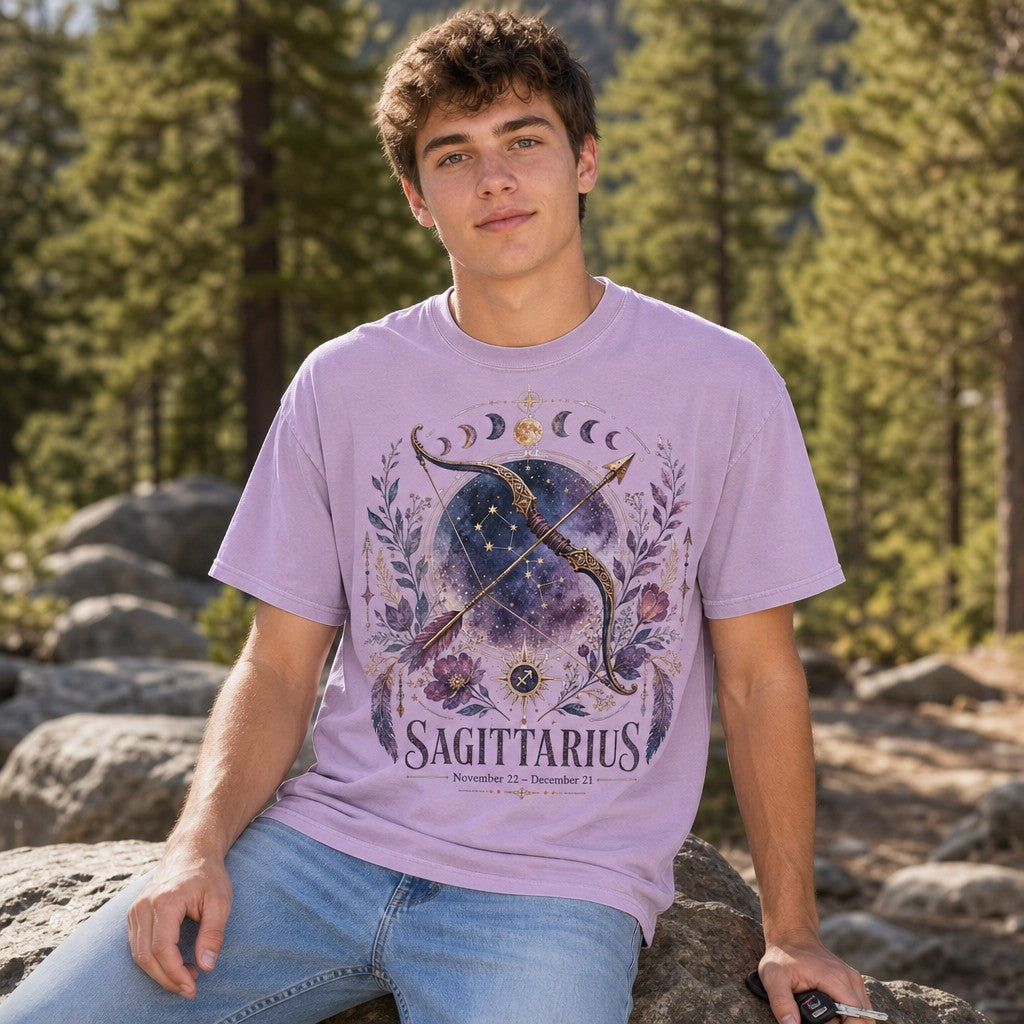 Young man in orchid Comfort Colors t-shirt featuring a watercolor Sagittarius galaxy design with gold bow and arrow, lunar phases, and purple florals, seated on rocks in a pine forest, mystical astrology apparel for zodiac lovers, by Crossroads Dandelion