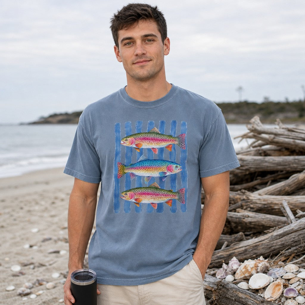 Man wearing a blue jean Comfort Colors 1717 t-shirt featuring a watercolor style design of three vibrant rainbow trout over blue rippling stripes, standing on a beach with driftwood and shells, fishing and nature enthusiasts apparel, by Crossroads Dandelion