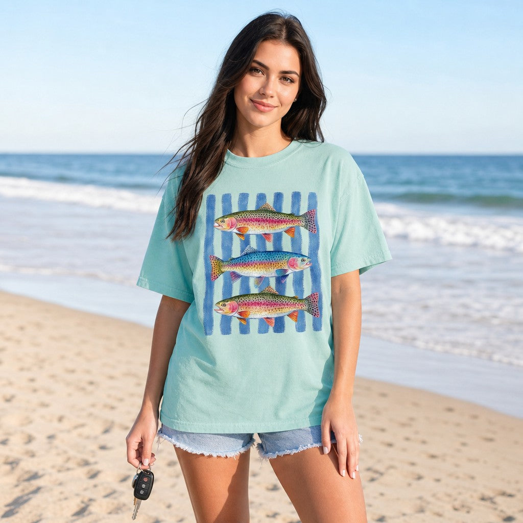 Woman wearing a Comfort Colors 1717 t-shirt in chalky mint with a watercolor hand-painted trio of rainbow trout over blue stripes, casual beach setting, for fishing and nature lovers, vibrant and artistic creekside style, by Crossroads Dandelion