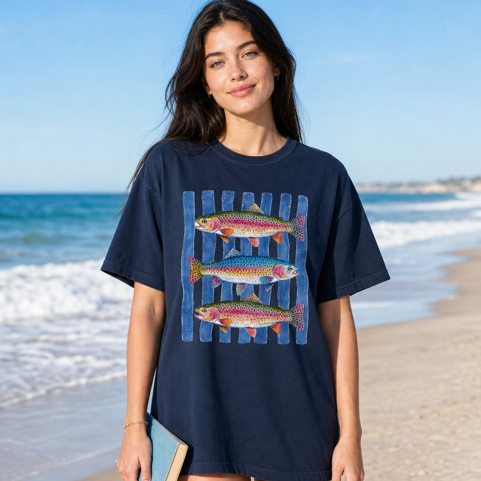 Woman wearing a navy Comfort Colors t-shirt featuring a hand-painted watercolor design of three rainbow trout over denim blue stripes, coastal style, beach scene, for nature and fishing lovers, women's apparel, by Crossroads Dandelion