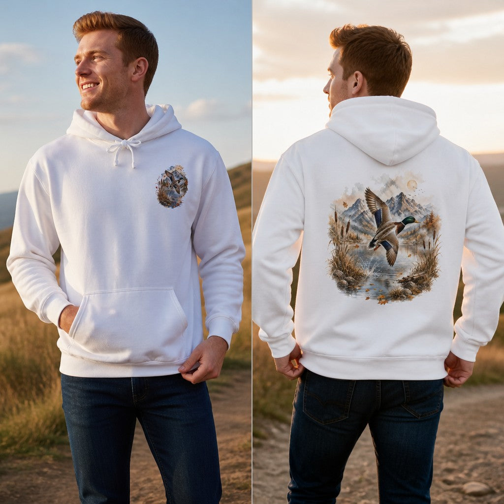 Man wearing a white hoodie with a watercolor duck and mountain landscape design on the back, scenic outdoor setting, nature and wildlife lovers, sweatshirt for men, by Crossroads Dandelion