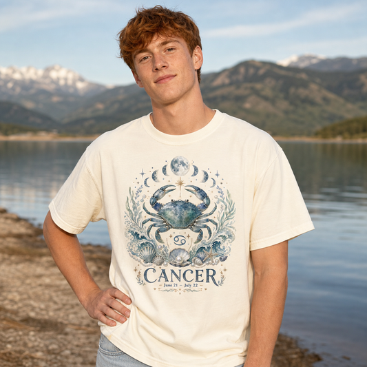 Man wearing an ivory Comfort Colors 1717 t-shirt with a watercolor Cancer zodiac design, featuring a blue crab, moon phases, stars, pearls, and ocean waves, standing by a mountain lake, mystical celestial astrology shirt for Cancer horoscope fans, by Crossroads Dandelion