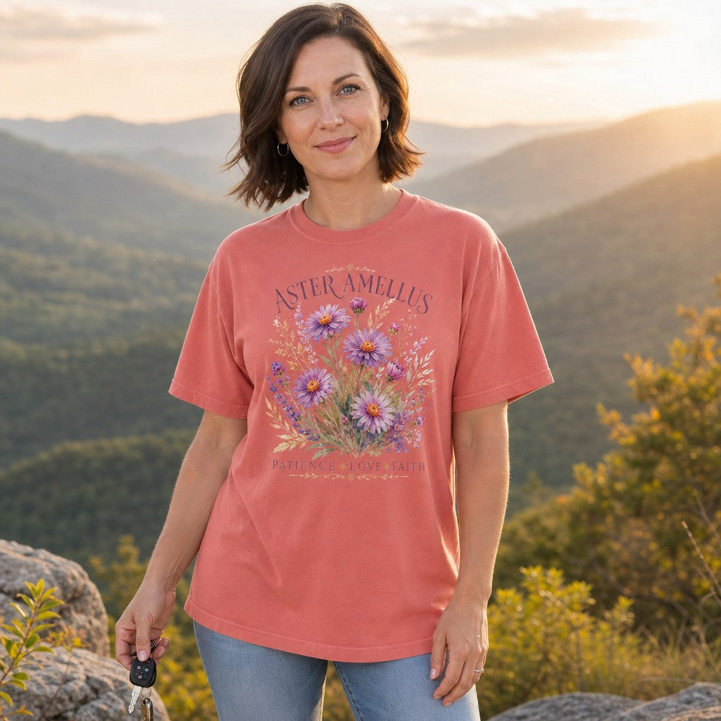 Woman wearing Comfort Colors 1717 t-shirt in watermelon featuring a hand-painted watercolor bouquet of vibrant purple Aster Amellus flowers and wild botanicals in a whimsical botanical art style, standing on a mountain overlook, perfect for garden lovers and mindful nature enthusiasts, by Crossroads Dandelion